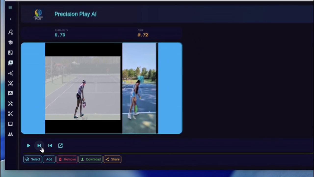 PrecisionPlayAI app interface showing video playback, Similarity and Form score areas, and video controls